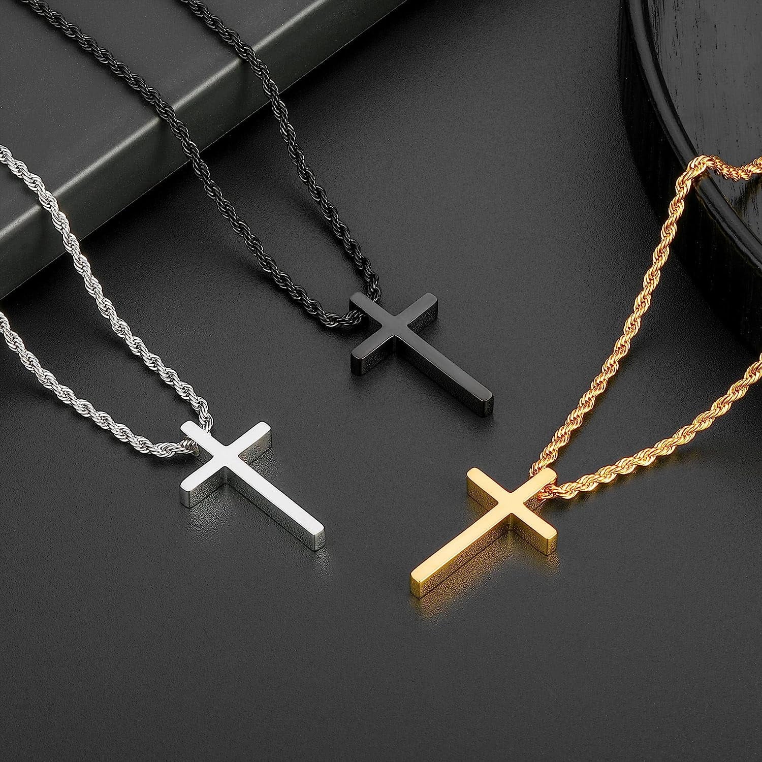 Cross Necklace for Men,Stainless Steel Black Silver Gold Cross Pendant Necklace for Men Cross Chain for Men 16-24 Inches Rope Chain