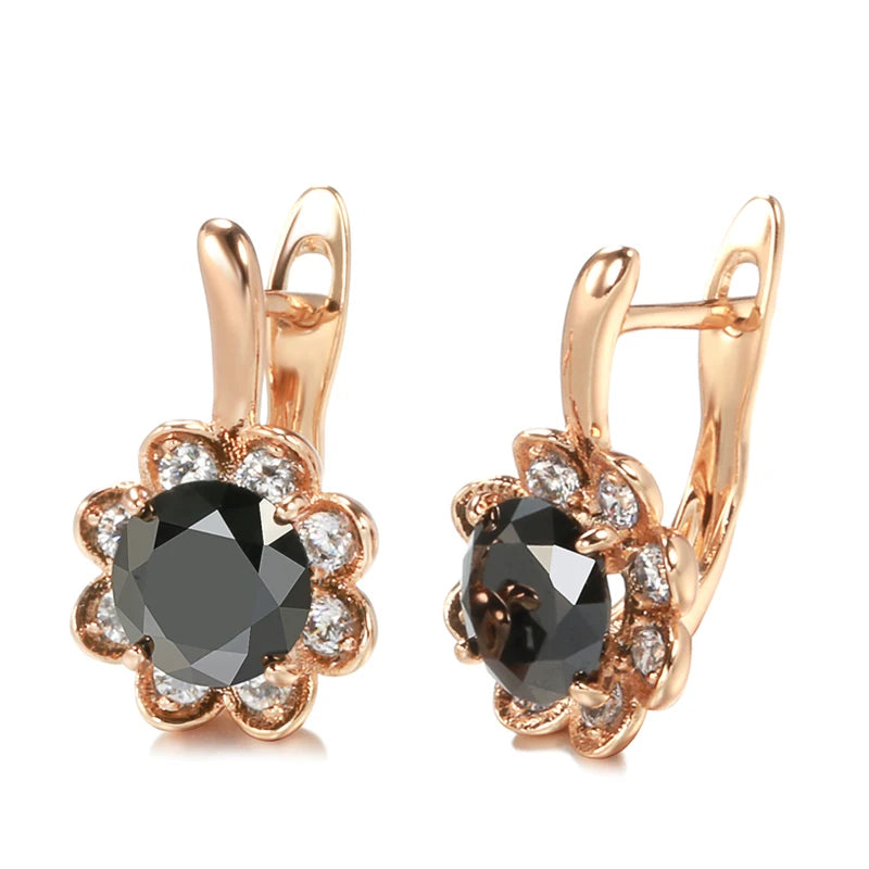 New 585 Rose Gold Pendant Earrings Center Inlay Black Zircon Surround Diamond Flower Pierced Earrings Women Fashion Accessories