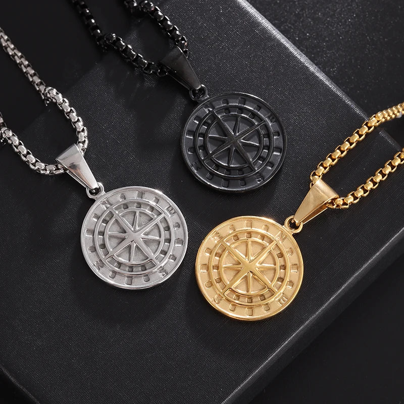 Vintage Compass Medal Pendant Stainless Steel Necklace Mens High Quality round Hip Hop Trend Jewelry Gifts Wholesale